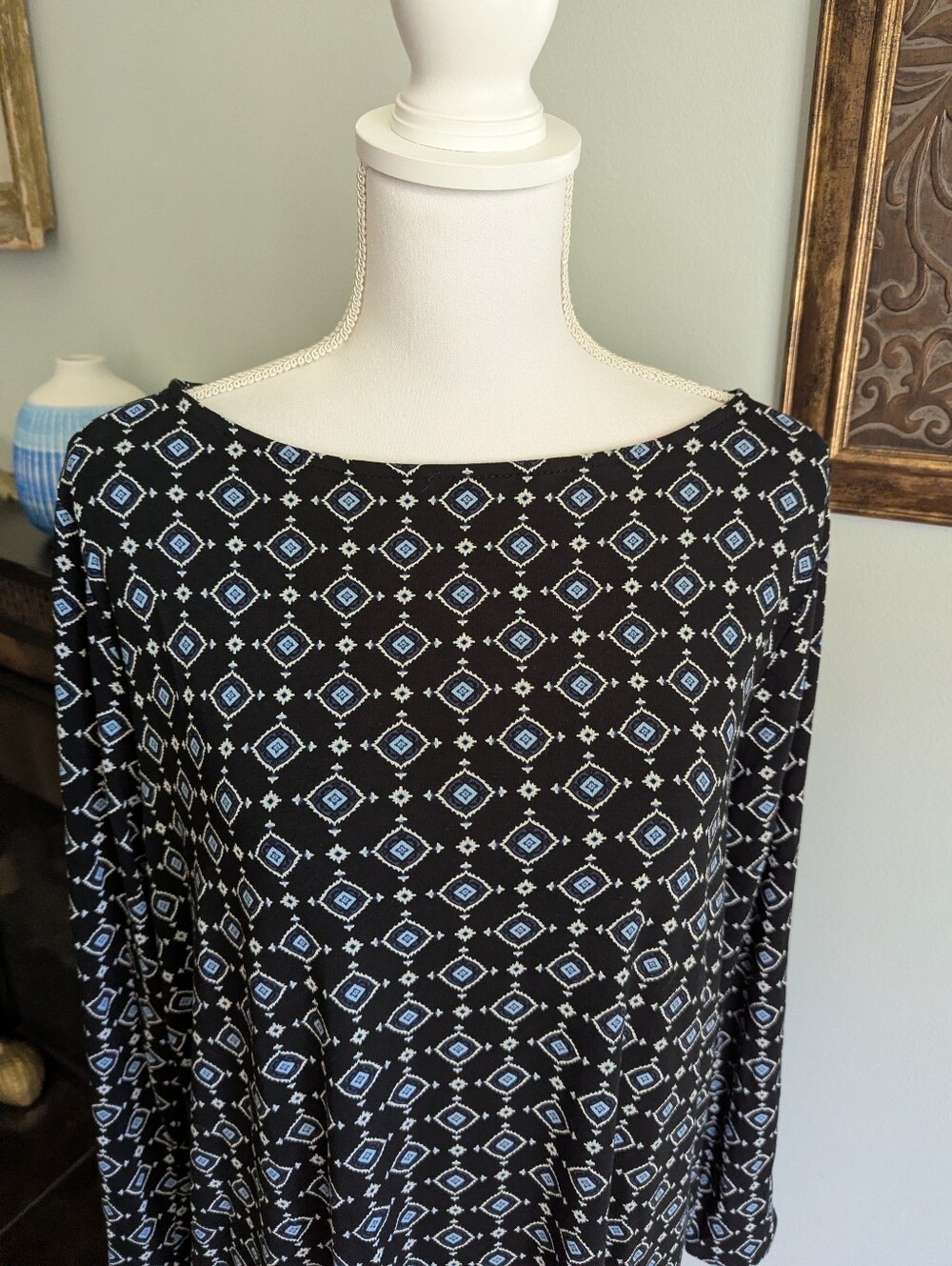 J.Jill Wearever Collection Womens Large Petite Black Blue Diamonds Stretch Dress - Picture 2 of 12